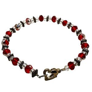 Holiday Elegant Beaded Bracelet Red Clear Heart Clasp Eveningwear Dainty Preppy
